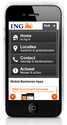 Website Design Patterns: navigatiemenu mobiele site ING